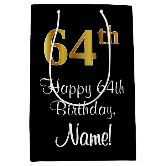ラグジュアリーエレガント、フェイク金ゴールドルック64th誕生日 ミディアムペーパーバッグ (正面)