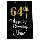 ラグジュアリーエレガント、フェイク金ゴールドルック64th誕生日 ミディアムペーパーバッグ (裏面)