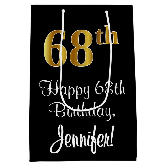 ラグジュアリーエレガント、フェイク金ゴールドルック68th誕生日 ミディアムペーパーバッグ (裏面)