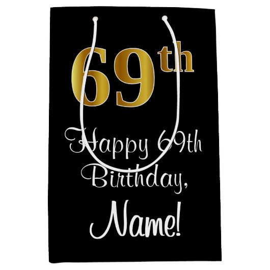 ラグジュアリーエレガント、フェイク金ゴールドルック69th誕生日 ミディアムペーパーバッグ (正面)