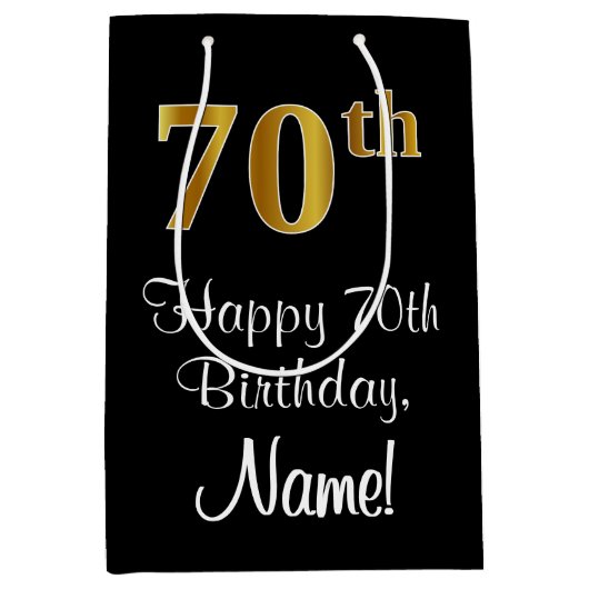 ラグジュアリーエレガント、フェイク金ゴールドルック70誕生日 ミディアムペーパーバッグ (正面)