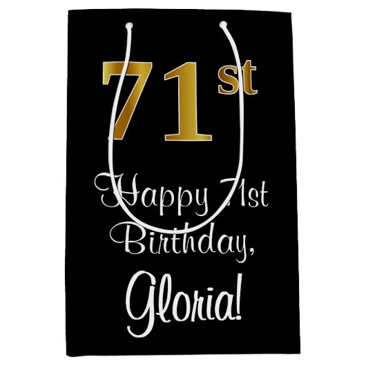 ラグジュアリーエレガント、フェイク金ゴールドルック71st誕生日 ミディアムペーパーバッグ (正面)