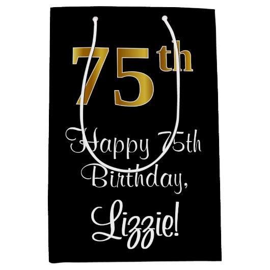 ラグジュアリーエレガント、フェイク金ゴールドルック75th誕生日 ミディアムペーパーバッグ (正面)