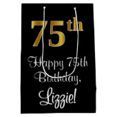 ラグジュアリーエレガント、フェイク金ゴールドルック75th誕生日 ミディアムペーパーバッグ (裏面)