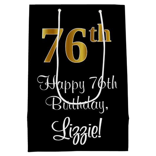 ラグジュアリーエレガント、フェイク金ゴールドルック76th誕生日 ミディアムペーパーバッグ (裏面)