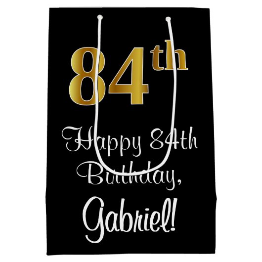 ラグジュアリーエレガント、フェイク金ゴールドルック84th誕生日 ミディアムペーパーバッグ (裏面)