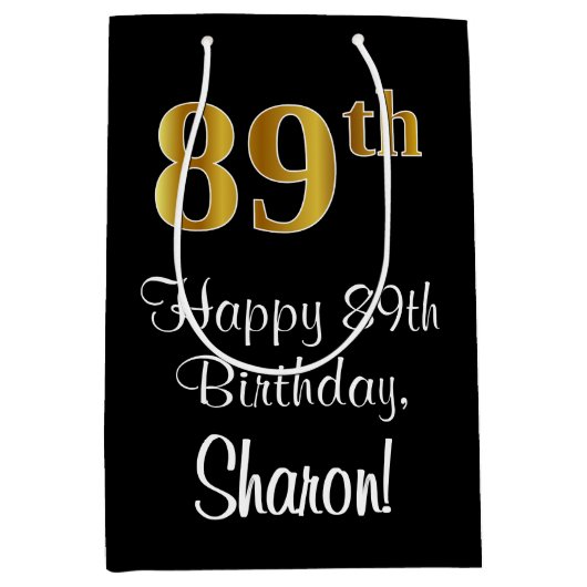 ラグジュアリーエレガント、フェイク金ゴールドルック89th誕生日 ミディアムペーパーバッグ (正面)