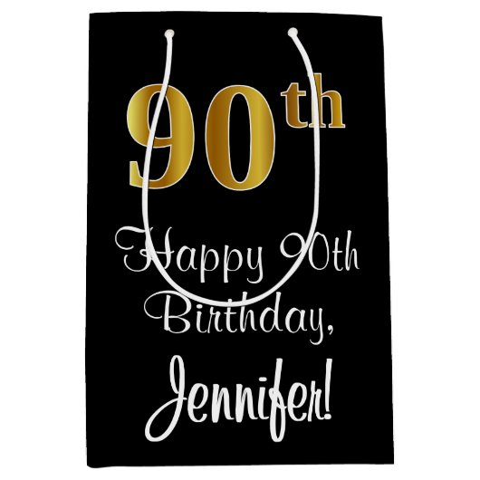 ラグジュアリーエレガント、フェイク金ゴールドルック90誕生日 ミディアムペーパーバッグ (正面)
