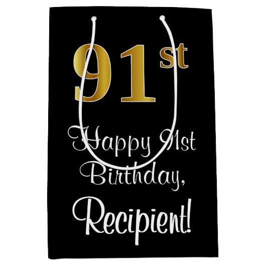 ラグジュアリーエレガント、フェイク金ゴールドルック91st誕生日 ミディアムペーパーバッグ (正面)