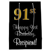 ラグジュアリーエレガント、フェイク金ゴールドルック91st誕生日 ミディアムペーパーバッグ (裏面)