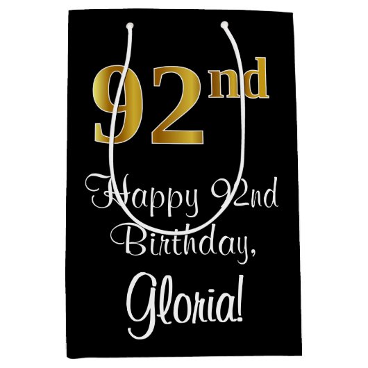 ラグジュアリーエレガント、フェイク金ゴールドルック92nd誕生日 ミディアムペーパーバッグ (正面)