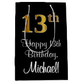 ラグジュアリーエレガント、フェイク金ゴールド・ルック13th誕生日 ミディアムペーパーバッグ (正面)