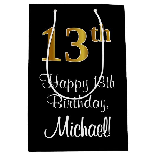 ラグジュアリーエレガント、フェイク金ゴールド・ルック13th誕生日 ミディアムペーパーバッグ (正面)