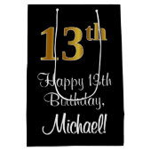 ラグジュアリーエレガント、フェイク金ゴールド・ルック13th誕生日 ミディアムペーパーバッグ (裏面)