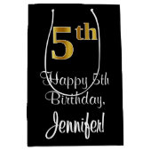 ラグジュアリーエレガント、フェイク金ゴールド・ルック5th誕生日 ミディアムペーパーバッグ (正面)