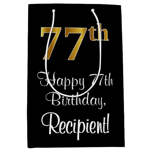 ラグジュアリーエレガント、フェイク金ゴールド・ルック77th誕生日 ミディアムペーパーバッグ (正面)