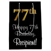 ラグジュアリーエレガント、フェイク金ゴールド・ルック77th誕生日 ミディアムペーパーバッグ (裏面)