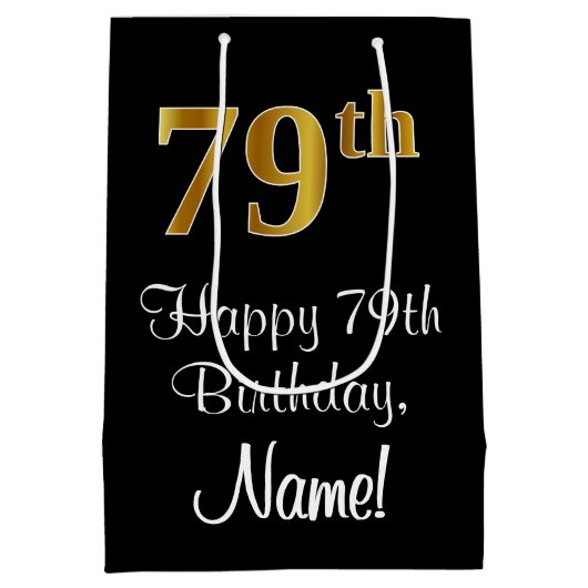 ラグジュアリーエレガント、フェイク金ゴールド・ルック79th誕生日 ミディアムペーパーバッグ (裏面)