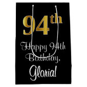 ラグジュアリーエレガント、フェイク金ゴールド・ルック94th誕生日 ミディアムペーパーバッグ (裏面)