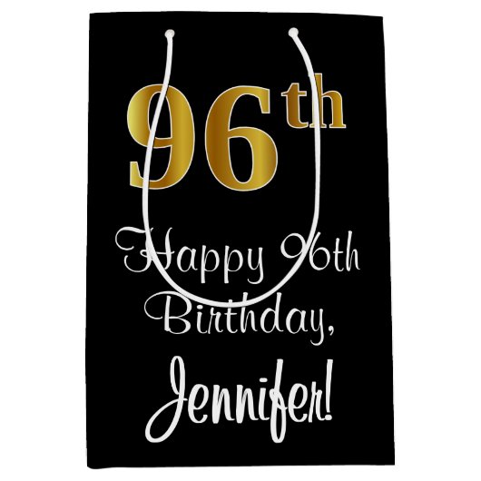 ラグジュアリーエレガント、フェイク金ゴールド・ルック96th誕生日 ミディアムペーパーバッグ (正面)