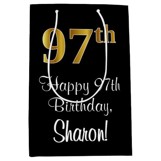 ラグジュアリーエレガント、フェイク金ゴールド・ルック97th誕生日 ミディアムペーパーバッグ (正面)