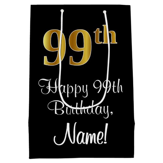 ラグジュアリーエレガント、フェイク金ゴールド・ルック99誕生日 ミディアムペーパーバッグ (裏面)