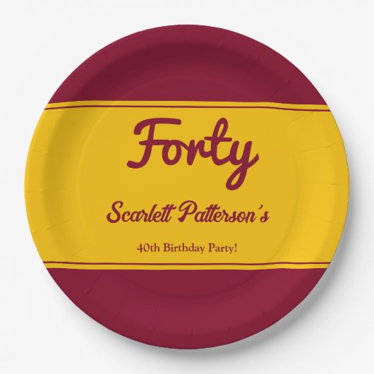 ラグジュアリーエレガント・ブルゴーニュと金ゴールド40歳の誕生日 ペーパープレート (正面)