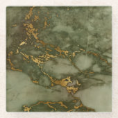 ラグジュアリーオリーブグリーンと金ゴールド大理石 ガラスコースター (正面)