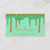 ラグジュアリーオレンジグラデーションティール(緑がかった色)スパークルグリッタードリップ 名刺 (正面)