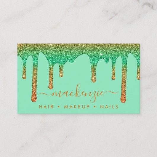 ラグジュアリーオレンジグラデーションティール(緑がかった色)スパークルグリッタードリップ 名刺 (正面)