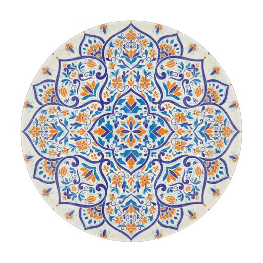 ラグジュアリーオレンジブルーオーナメントパターン カッティングボード (正面)