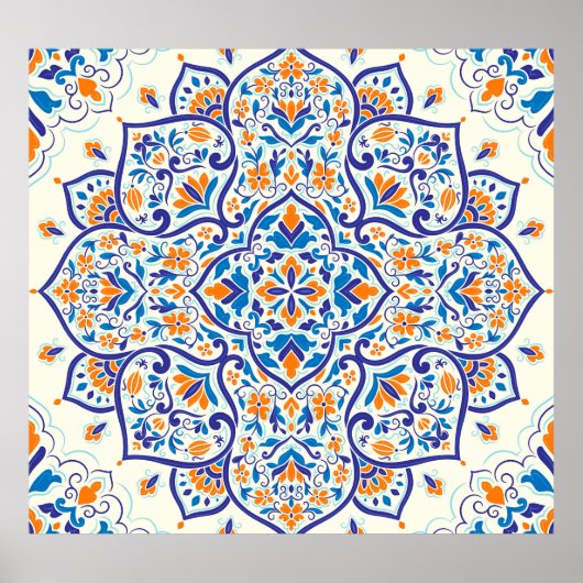 ラグジュアリーオレンジブルーオーナメントパターン ポスター (正面)