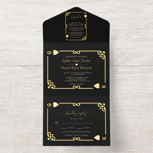 ラグジュアリーカジノラスベガス結婚トランプのポーカーズ実在フォイル オールインワン招待状 (内側)