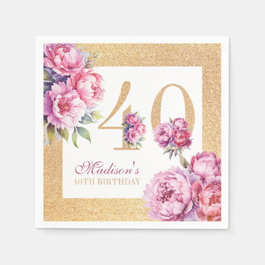 ラグジュアリーカスタム金ゴールド40thバースデーピンクグリッター スタンダードカクテルナプキン (正面)