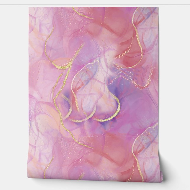 ラグジュアリーカラフルなピンク色の大理石&金ゴールドグレイン 壁紙 (ほどく)