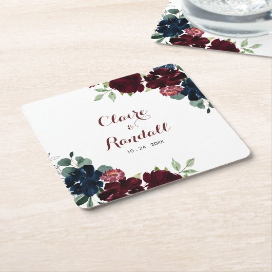 ラグジュアリーカラフルボホフローラ結婚ズ スクエアペーパーコースター (アングル)