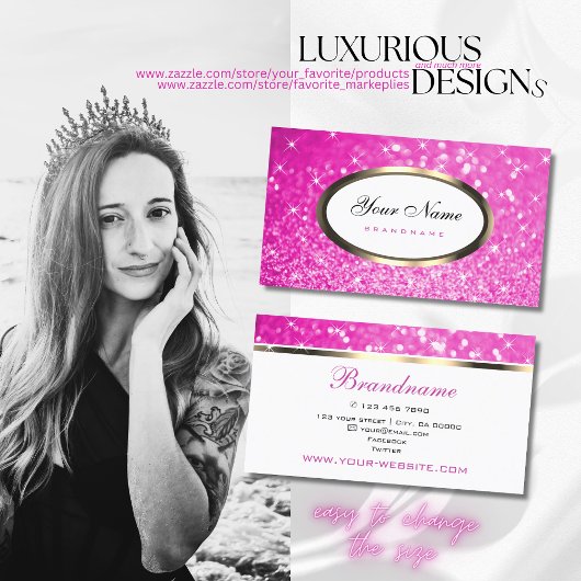 ラグジュアリーガーリーなピンクグリッタースきらめくターズ頭が切れる スクエア名刺