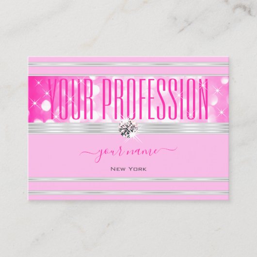 ラグジュアリーガーリーピンクグリッターダイアモンズ縁どシルバー 名刺 (正面)