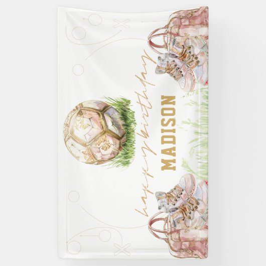 ラグジュアリーガール誕生日ピンク金ゴールドサッカー 横断幕 (縦)