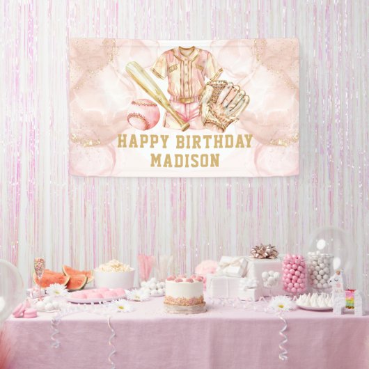 ラグジュアリーガール誕生日ピンク金ゴールド野球 横断幕 (パーティー)