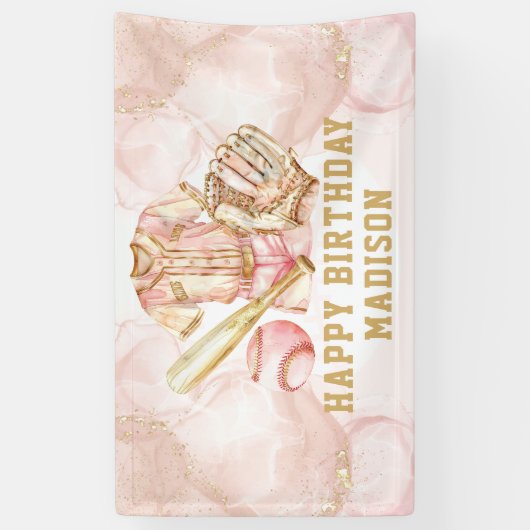 ラグジュアリーガール誕生日ピンク金ゴールド野球 横断幕 (縦)