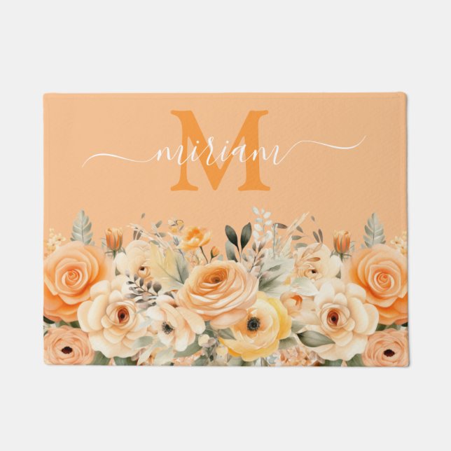 ラグジュアリーキッチンフロアマット：ピーチオレンジ色の花 ドアマット (正面)