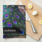 ラグジュアリーキッチン:ステンドグラス孔雀名前をカスタムする キッチンタオル (四つ折り)