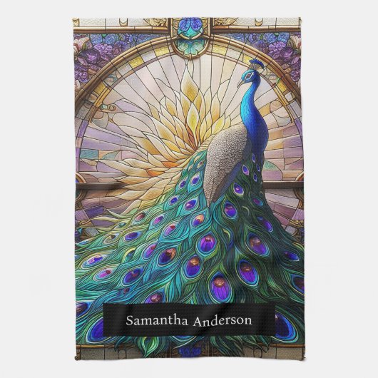 ラグジュアリーキッチン:ステンドグラス孔雀名前をカスタムする キッチンタオル (縦)
