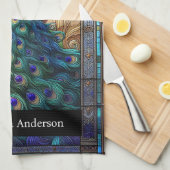 ラグジュアリーキッチン：ステンドグラス孔雀名前をカスタムする キッチンタオル (四つ折り)