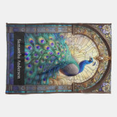 ラグジュアリーキッチン：ステンドグラス孔雀名前をカスタムする キッチンタオル (横)