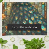 ラグジュアリーキッチン:ステンドグラス孔雀名前をカスタムする キッチンタオル (折り畳み)