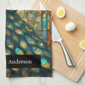 ラグジュアリーキッチン:ステンドグラス孔雀名前をカスタムする キッチンタオル (四つ折り)