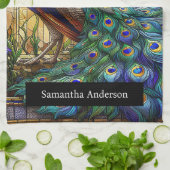 ラグジュアリーキッチン：ステンドグラス孔雀名前をカスタムする キッチンタオル (折り畳み)