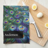 ラグジュアリーキッチン：ステンドグラス孔雀名前をカスタムする キッチンタオル (四つ折り)
